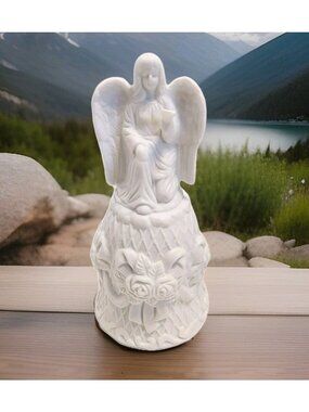 1990s Celestial Spirits Porcelain Angel and Roses Bell Amgel Kneeling With Hand